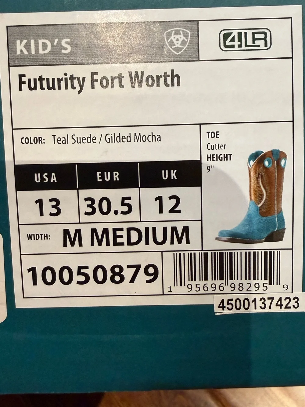 Ariat Kids Futurity Fort Worth Teal Suede & Brown Leather Cowboy Boots Youth 13